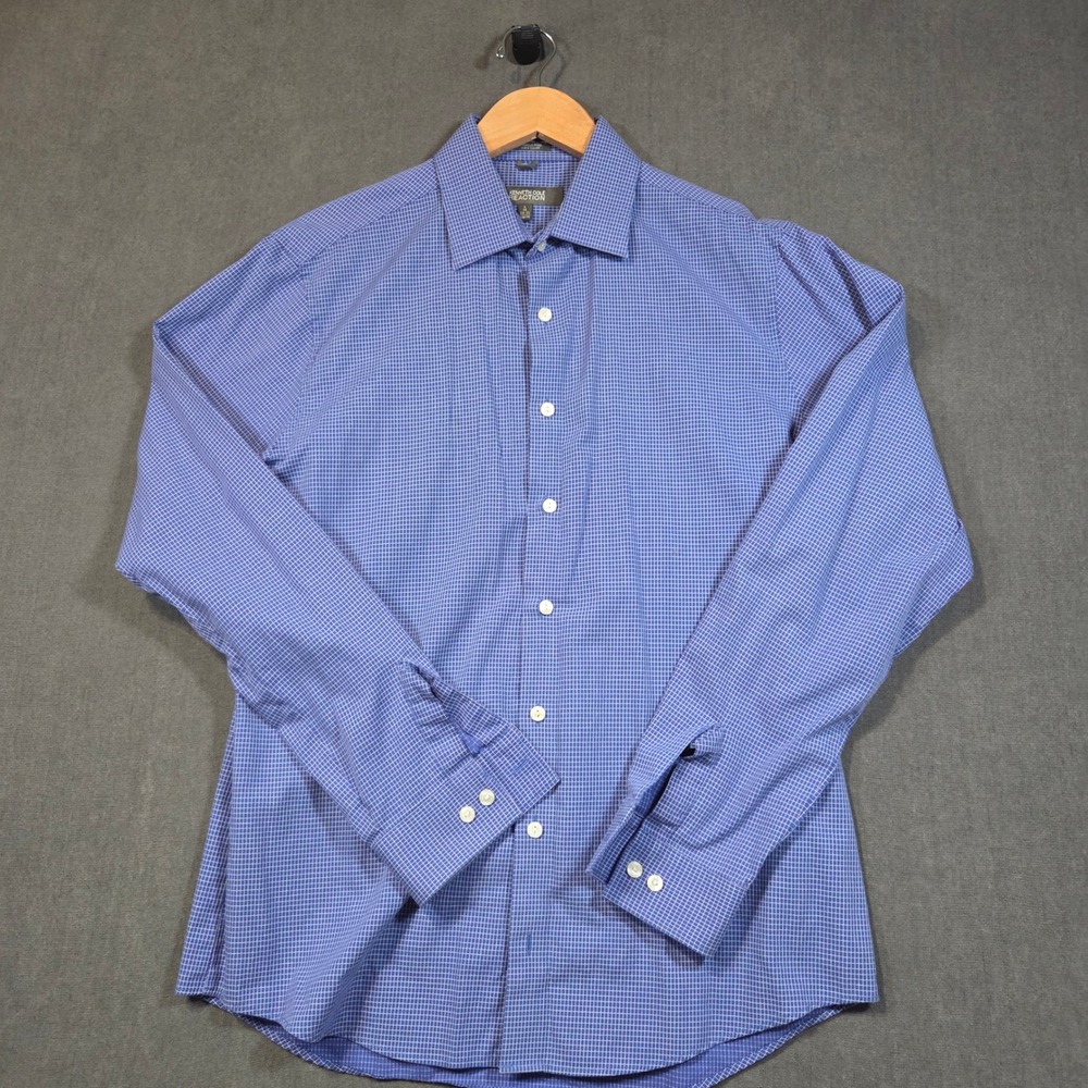 Kenneth Cole Reaction Button Down Shirt Mens L 16 34-35 Blue Micro Grid Slim Fit